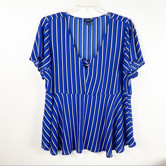 torrid Tops - TORRID Blue Stripe Georgette Bow Sheer Short Sleeves Top Lined Blouse Size Small